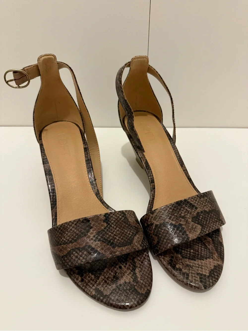 Loft Brown Snake-Print Wedge Ankle Strap Sandals